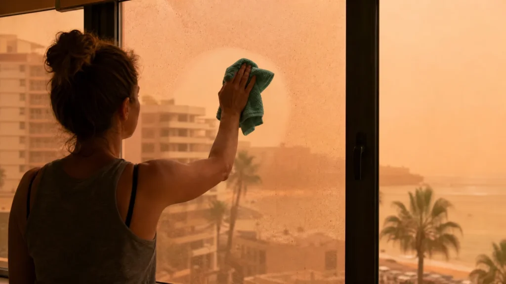 Limpieza de calima en las ventanas de una vivienda en Fuerteventura